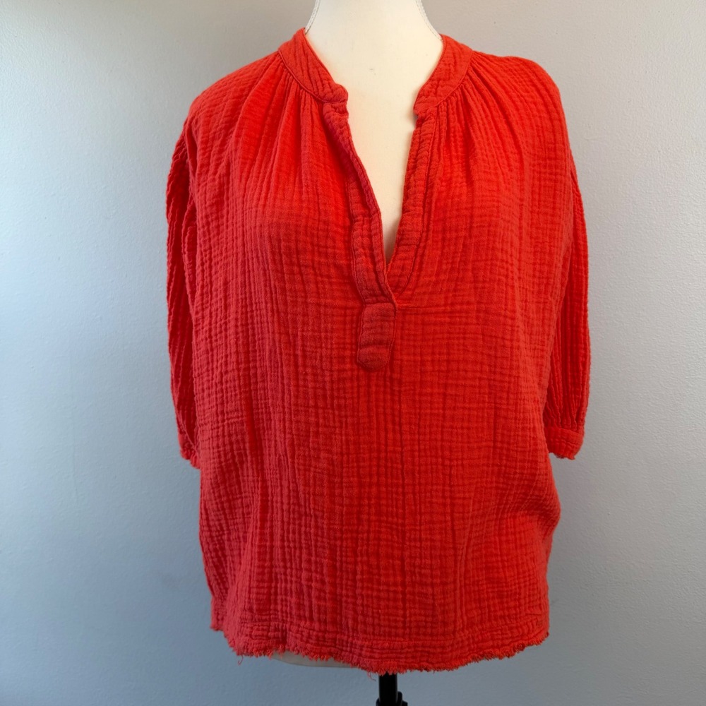 9seed Resort Small Poppy Red Cotton Gauze Blouse Top USA Made Beach Resort Swim